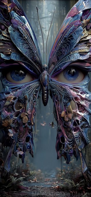 A surreal digital artwork depicts a face composed of intricate, colorful butterfly-like wings with striking blue eyes and antennae, featuring the text 'Meiexistence Okak' at the bottom.