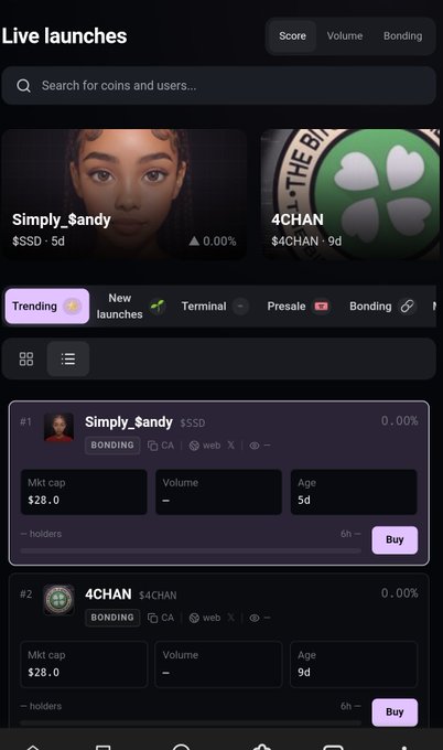 A cryptocurrency launchpad app screen displays trending token launches on the "Bonding" tab, showing #1 "Simply_$andy" ($SSD, market cap $28.0, 5d) and #2 "4CHAN" ($4CHAN, market cap $28.0, 9d), both with 0% price change—illustrating the post's point about early-stage tokens struggling with thin liquidity and limited trading volume immediately after launch.