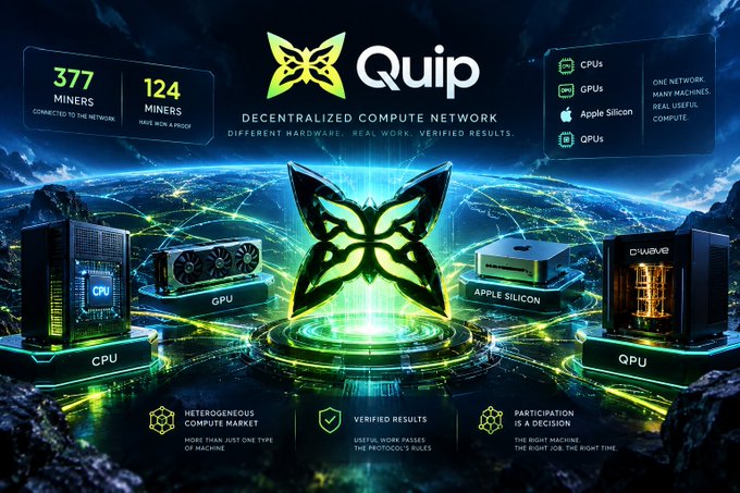 Promotional graphic for Quip, a decentralized compute network featuring a butterfly logo, showing 377 miners connected, 124 miners paid, and support for CPU, GPU, Apple Silicon, and QPU hardware.
