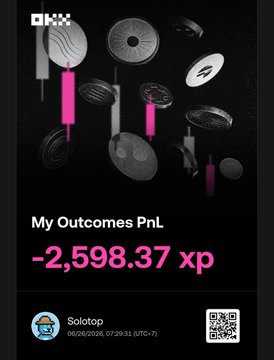 The image is an OKX PnL card showing "My Outcomes PnL: -2,598.37 xp" under the username Solotop, timestamped 06/26/2026, reflecting the post's message about losing all XP progress (going back to zero after losses).