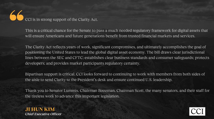 A dark-toned graphic features an orange quotation mark and a statement from CCI (Chamber of Digital Commerce) CEO Ji Hun Kim expressing strong support for the Clarity Act. The quote highlights the bill as a critical opportunity for the Senate to establish regulatory framework for digital assets, acknowledging bipartisan efforts and thanking Senator Lummis, Chairman Boozman, and Chairman Scott for their work.