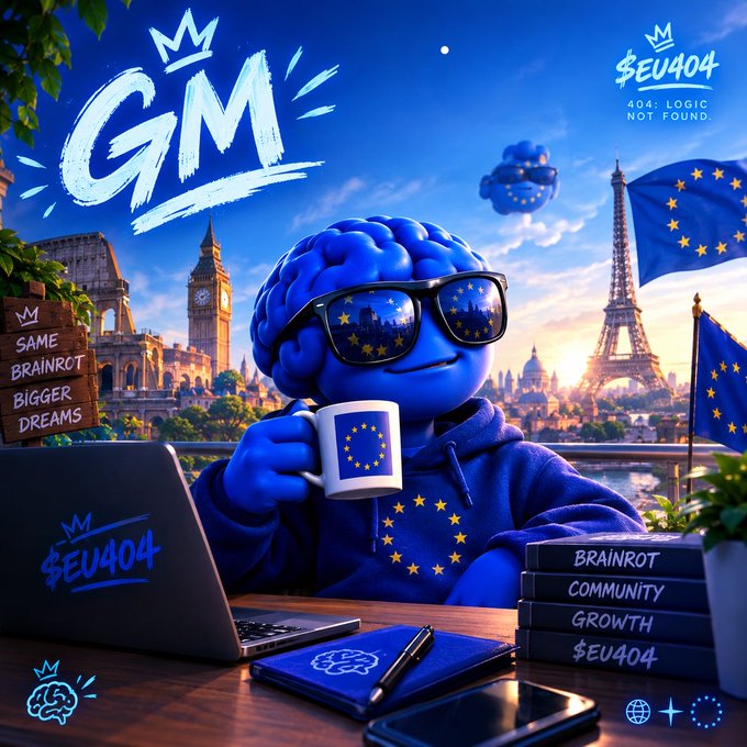 A blue cartoon brain wearing sunglasses and a hoodie holds an EU-flag mug at a desk with a laptop, set against a Paris skyline with EU flags and '$EU404' branding.