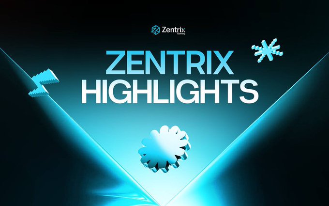 The image is a promotional graphic for "ZENTRIX HIGHLIGHTS" by Zentrix Gaming, featuring a stylized cyan "Z" with splash effects and the Zentrix Gaming logo at the top. It visually supports the post's celebration of Zentrix's milestones, including surpassing 1,000 Telegram members and approaching 1,000 X followers.