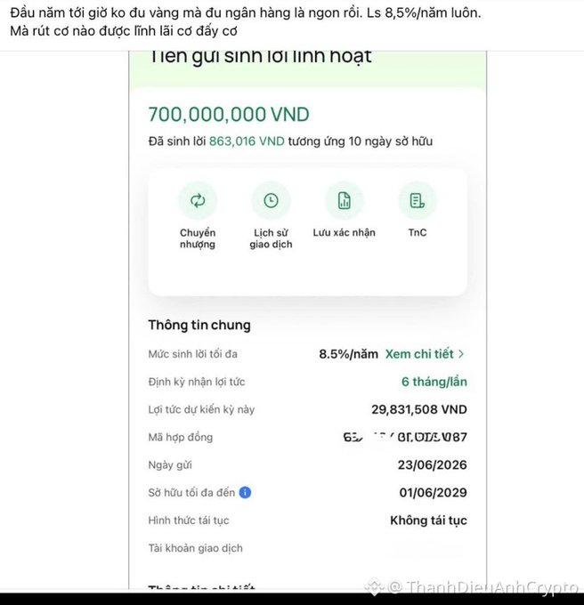 Vietnamese banking screenshot showing a 700,000,000 VND term deposit at 8.5%/year, with 863,016 VND generated so far and maturity date 01/06/2029.
