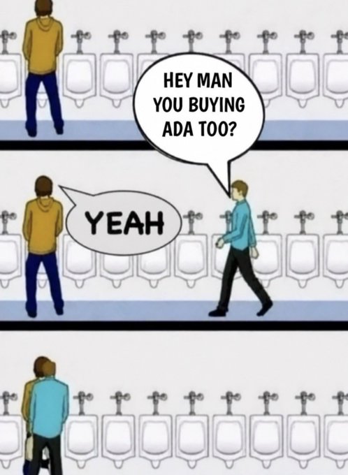 The image shows three cartoon drawings of men standing next to urinals, with one man holding up a sign that reads "he's man you buying ADA too?" The other two men appear to be looking at him or walking away from him. The caption below the images states "If #ADA hits 2 cents again are u a buyer?".