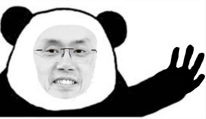 A popular Chinese meme image featuring a bald man's face edited onto a panda body, waving its hand with a slightly menacing grin.