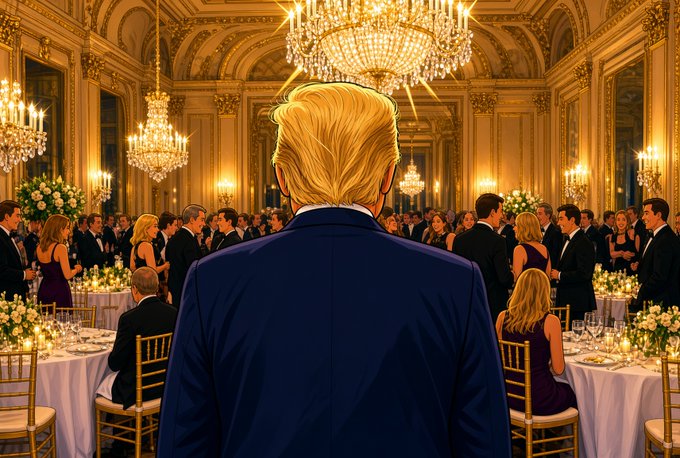 An illustration depicts a blonde-haired man in a dark blue suit viewed from behind, standing in an opulent ballroom filled with chandeliers and elegantly dressed guests seated at candlelit tables.

The image visually represents the lavish private dinner contest at Trump's Virginia golf club referenced in the post, which was promoted after a crypto bill failed in Congress partly due to concerns over Trump's personal financial ties to digital assets.