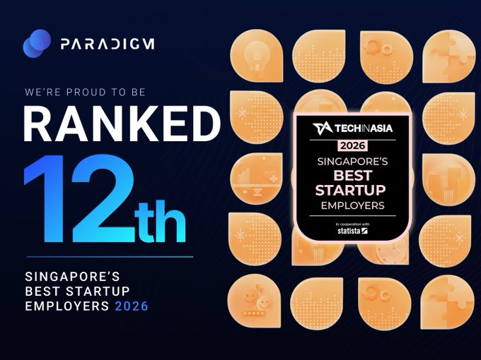 A promotional graphic from Paradigm announcing their 12th place ranking on Tech in Asia's "Singapore's Best Startup Employers 2026" list, featuring the company's blue and white logo alongside orange patterned accent blocks and the official award badge in partnership with Statista.