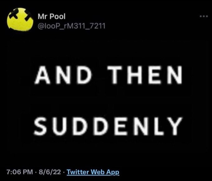 A tweet from user Mr Pool (@looP_rM311_7211) displaying the meme text 'AND THEN SUDDENLY', posted at 7:06 PM on 8/6/22.