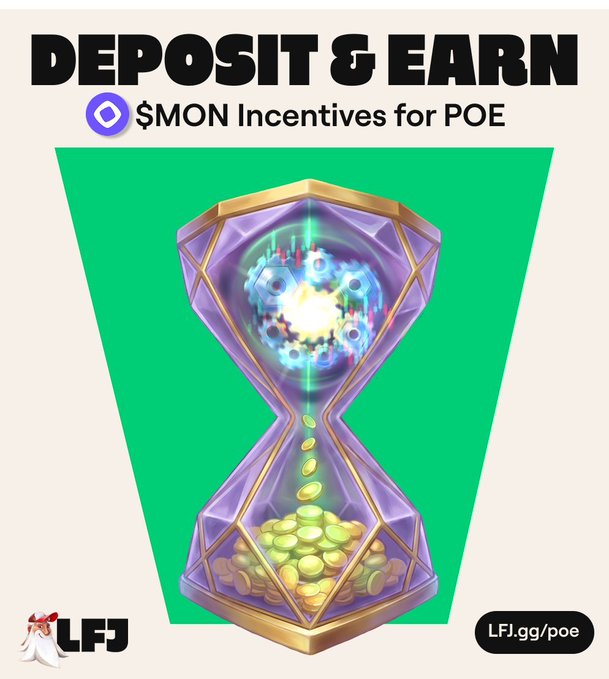 A promotional graphic reads 'DEPOSIT & EARN $MON Incentives for POE' above an illustration of a crystal hourglass filled with gold coins and gears, with 'LFJ.gg/poe' at the bottom.