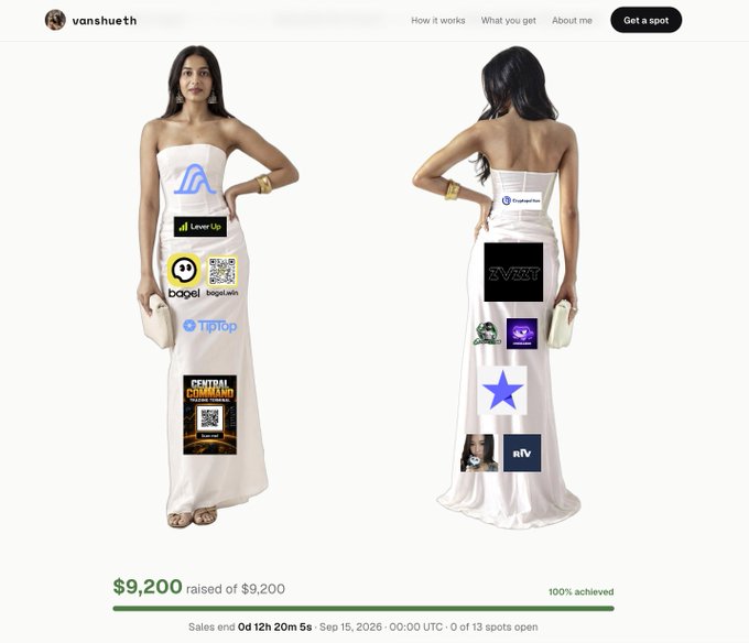 A crowdfunding page from 'vanshueth' showing a model wearing a white strapless dress covered in various brand logos, with $9,200 raised of $9,200 (100% achieved) and sales ending soon.