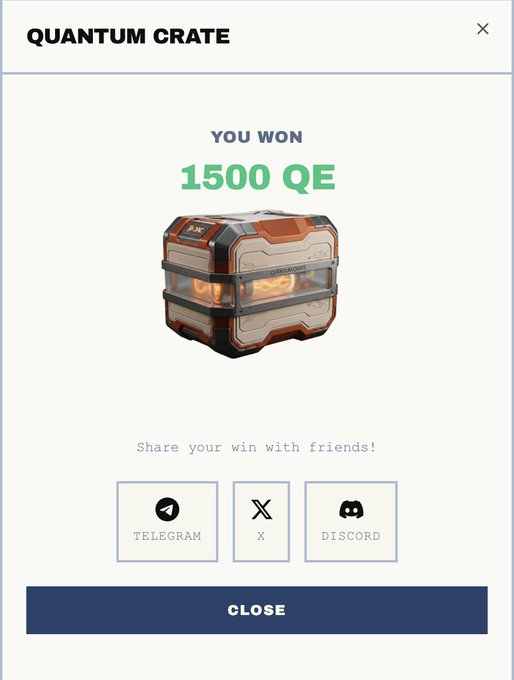 A "Quantum Crate" reward screen showing a win of 1500 QE, with sharing options for Telegram, X, and Discord. It illustrates the post author's excitement about finally receiving a decent QE payout from @dac_chain crates after weeks of getting less QE than they spent.