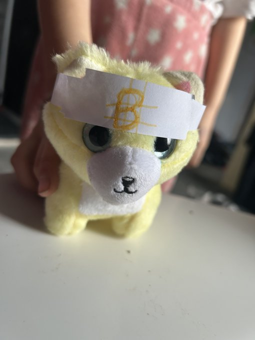 A child's stuffed yellow animal toy wearing a white paper crown with the letters 'B' and 'A' drawn on it in yellow marker.