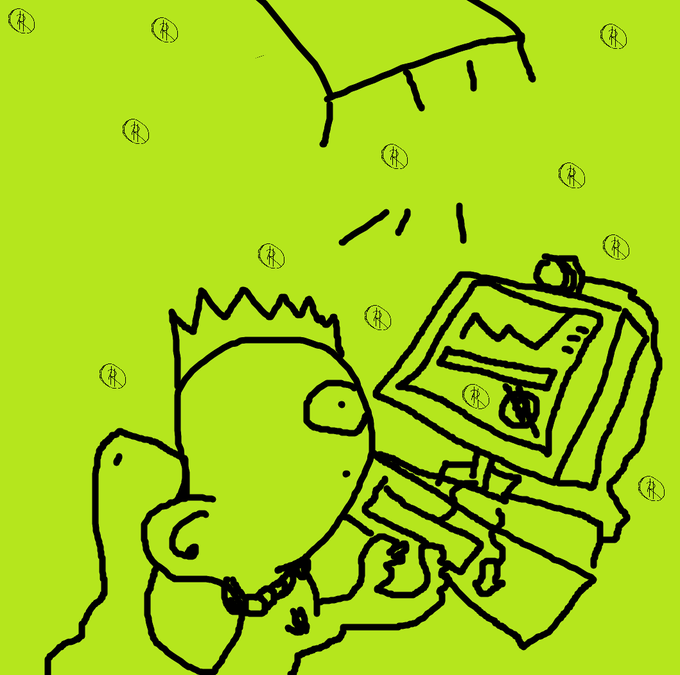 A crude, black-lined digital drawing on a bright yellow-green background depicts a character with spiky hair looking at a computer monitor displaying a stock chart.