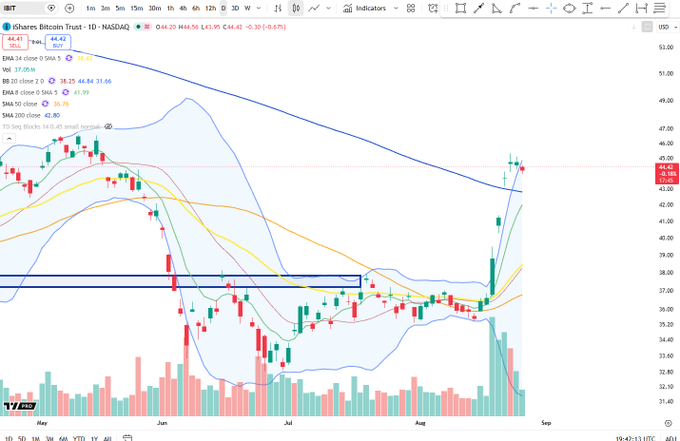 A stock chart of iShares Bitcoin Trust (IBIT) on NASDAQ showing price movement from May through August with various technical indicators, candlestick patterns showing a downtrend followed by a sharp rise, and a horizontal blue rectangle highlighting a resistance zone around $38-39.