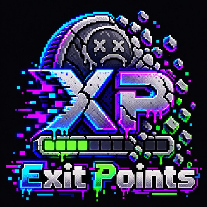 A pixel art gaming logo featuring a hooded figure with X eyes above large "XP" letters and "Exit Points" text, with neon drips and a green progress bar.