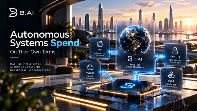 A promotional graphic for B.AI features the headline 'Autonomous Systems Spend On Their Own Terms' and highlights features like Pay, Access, Build, and Identity over a futuristic cityscape.