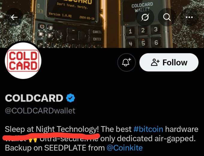 A Twitter/X profile page for @COLDCARDwallet featuring hardware wallet devices and a bio promoting it as 'The best #bitcoin hardware wallet' with ultra-secure, air-gapped features and SEEDPLATE backup from @Coinkite.
