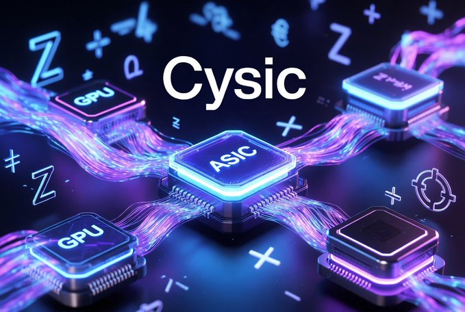 A promotional graphic for 'Cysic' featuring glowing ASIC and GPU chips with purple and blue energy streams.