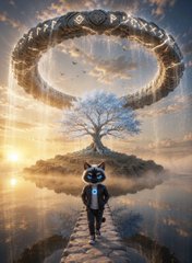 A fantasy digital artwork showing a small figure walking across a stone path on water toward a floating island with a blue tree, beneath a large circular mystical portal with glowing symbols, accompanied by a black cat in the foreground.