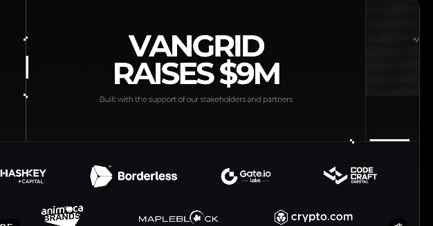 A dark promotional graphic announcing 'VANGRID RAISES $9M' with logos of partners including Hashkey Capital, Borderless, Gate.io Labs, Code Craft Capital, Animoca Brands, Mapleblock, and Crypto.com.