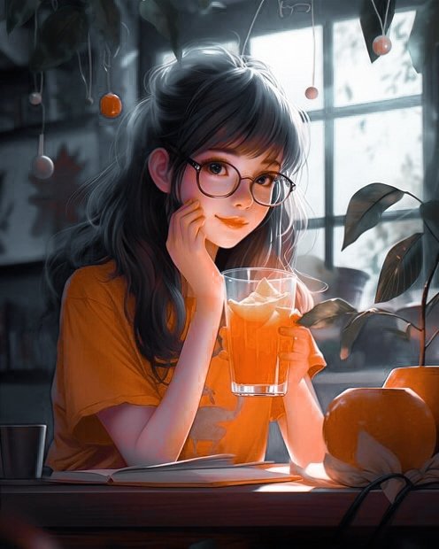 The image features an artist's illustration of a girl sitting at a table with a glass of orange juice, surrounded by potted plants and other objects like books and vases. The girl appears to be reading or studying while enjoying her drink. The scene is set in a room that has a window allowing natural light to enter the space, creating a calm atmosphere perfect for focusing on tasks such as reading or studying.