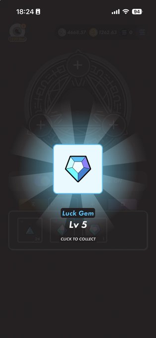 The image shows a mobile game screen from STEPN displaying a "Luck Gem Lv 5" ready to collect, with the player's gem and shoe level (Lv 5) visible at the top. This relates to the post about the user finally succeeding in leveling up to level 5 after collecting many orange tickets in the STEPN move-to-earn game.