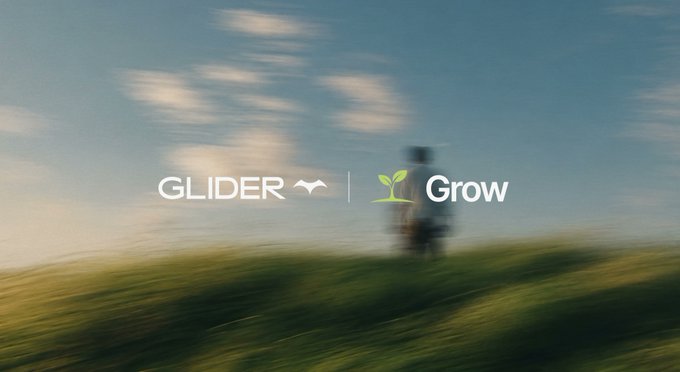 Logo banner displaying 'GLIDER' next to a small glider icon and 'Grow' with a green sprout icon, set against a blurred background of a person in a field.