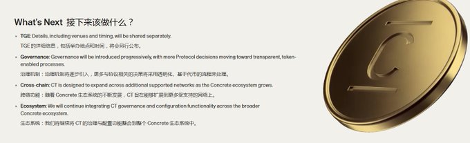 A 'What's Next' section in both English and Chinese detailing CT plans for TGE details, governance, cross-chain expansion, and ecosystem integration, alongside a gold coin with a 'C' symbol.