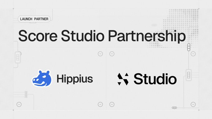 An announcement graphic titled 'Score Studio Partnership' featuring 'LAUNCH PARTNER' tag, with logos for Hippus (shown as a blue hippo mascot) and Studio (shown with an asterisk-like icon).