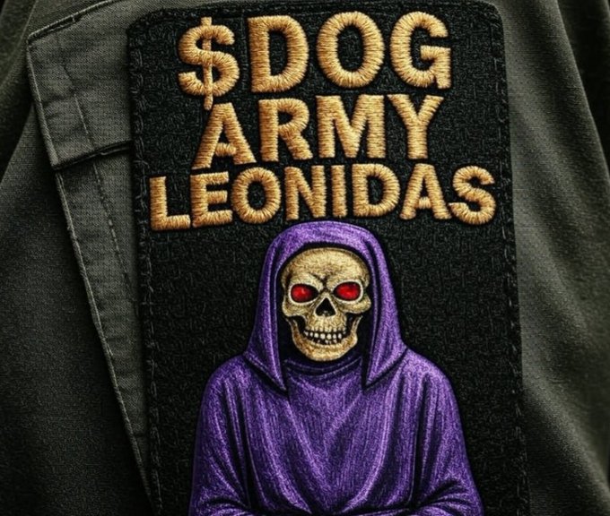 A close-up of an embroidered military-style patch on dark fabric featuring a skull with red eyes wearing a purple hooded robe. The patch reads "$DOG ARMY LEONIDAS" in gold lettering.