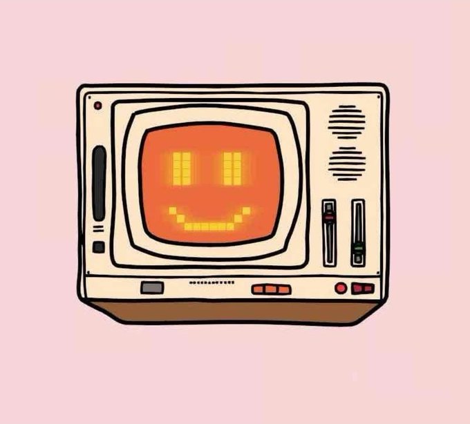 A cartoon-style illustration of a vintage beige computer monitor with an orange screen displaying a pixelated smiley face against a pink background.