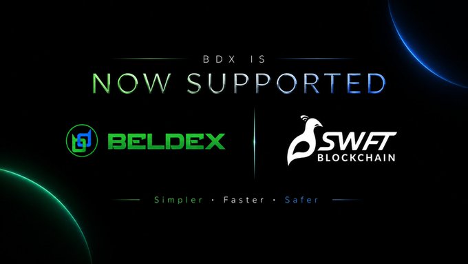 A promotional graphic announcing 'BDX IS NOW SUPPORTED' featuring the Beldex and SWFT Blockchain logos with the tagline 'Simpler • Faster • Safer'.