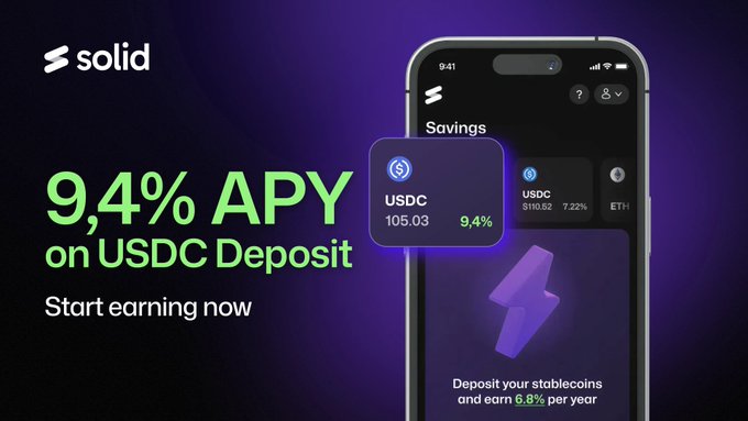 A mobile app advertisement for Solid offering '9,4% APY on USDC Deposit,' showing a phone screen with savings options including USDC at 9.4% and ETH.