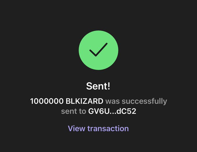 A cryptocurrency transaction confirmation screen with a green checkmark indicating 'Sent! 10000000 BLKIZARD was successfully sent to GV6U...dC52', with a link to view the transaction.