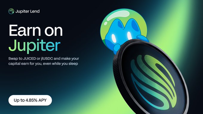 Advertisement banner for 'Jupiter Lend' promoting 'Earn on Jupiter' with up to 4.85% APY by swapping to jlUSDC or jlUSDC, featuring the Jupiter token logo on a green and dark background.