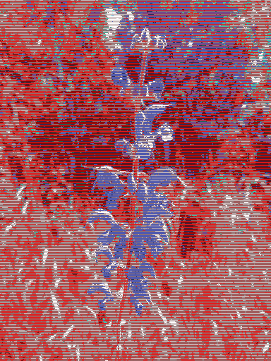An abstract digital artwork featuring horizontal red and blue brushstrokes with glitch-like patterns over a textured background.