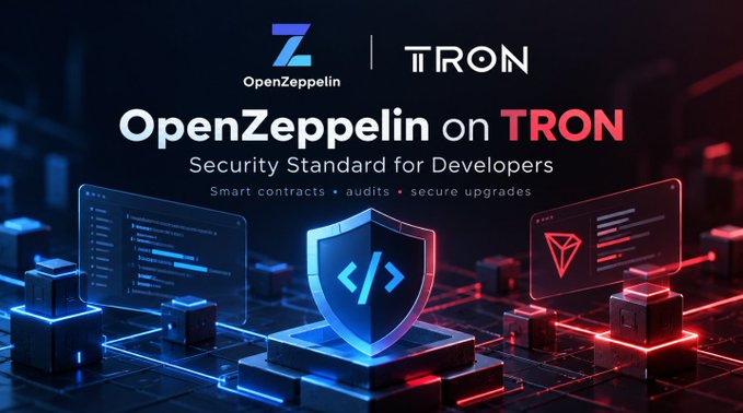 A promotional graphic titled 'OpenZeppelin on TRON' with the tagline 'Security Standard for Developers' and 'Smart contracts • audits • secure upgrades,' featuring a glowing shield with code symbols.