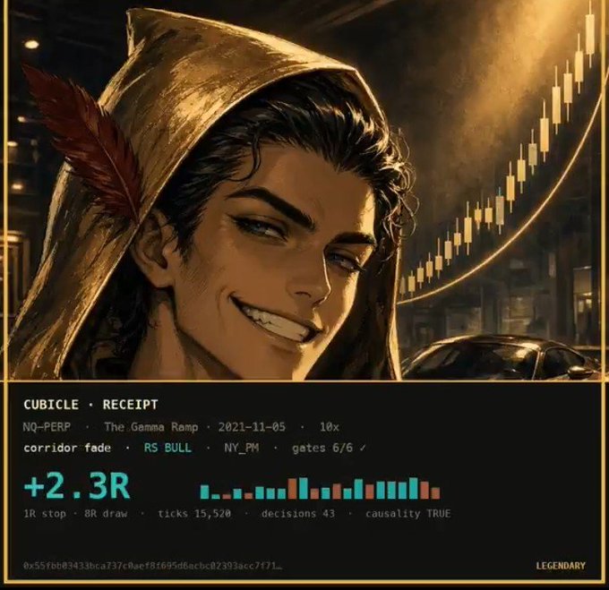 A stylized trading card featuring a smirking hooded figure with a red feather, labeled 'CUBICLE • RECEIPT' with stats like 'NQ-PERP', 'The Gamma Ramp', '2021-11-05', '+2.3R', and 'LEGENDARY' tier along with a candlestick chart.