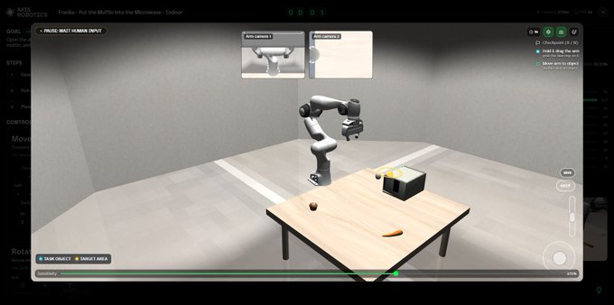 A screenshot of a robotics simulation interface titled 'Push the Muffin into the Microwave - Zoiberg,' showing a robotic arm task involving a muffin and a microwave on a table.