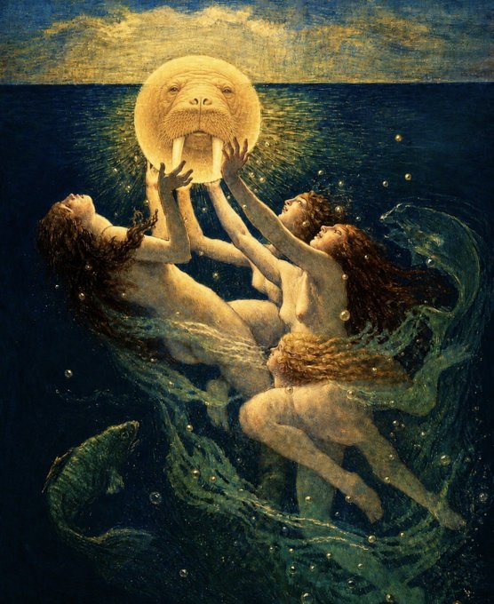 The image features a painting of three women with long hair, each holding an object that resembles a walrus or a fish. The women are depicted as mermaids floating above water, possibly in the ocean. The painting seems to be a representation of the mermaids' connection to sea creatures and their underwater adventures. The post includes text that reads "GM memers enjoy your weekend GM $walrus fam gM #XRParmy". This suggests that the artist might have been inspired by the mermaids in the painting, possibly drawing inspiration from the mermaid folklore or mythology.