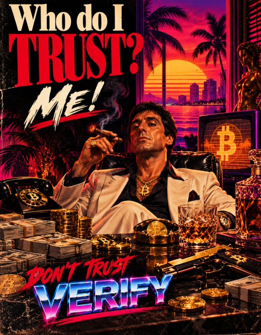 A retro-style poster featuring a man in a white suit smoking a cigar, surrounded by stacks of cash, gold coins, bitcoin logos, a gun, and whiskey. Text reads "Who do I TRUST? ME!" and "DON'T TRUST VERIFY."