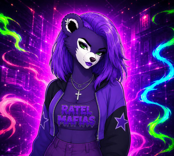 A digital illustration of an anthropomorphic purple bear character with long purple hair wearing a purple jacket that reads 'RATEL MAFIAS', set against a vibrant neon cityscape background with green and pink energy swirls.