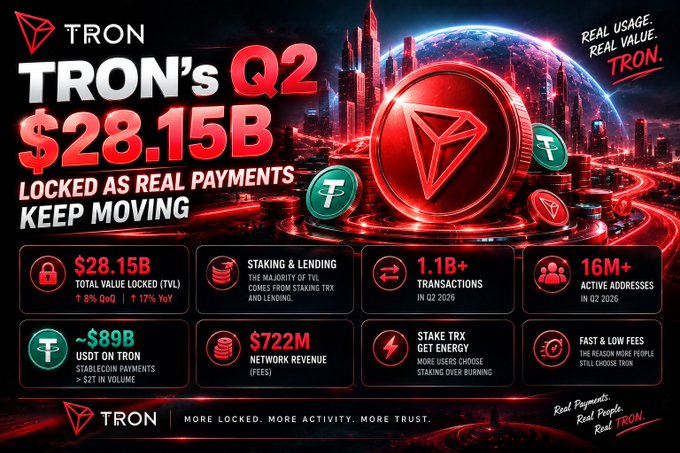 A promotional graphic for TRON highlighting its Q2 2025 achievements, featuring statistics like $28.15B Total Value Locked, 1.1B+ transactions, 16M+ active addresses, and $722M network revenue.