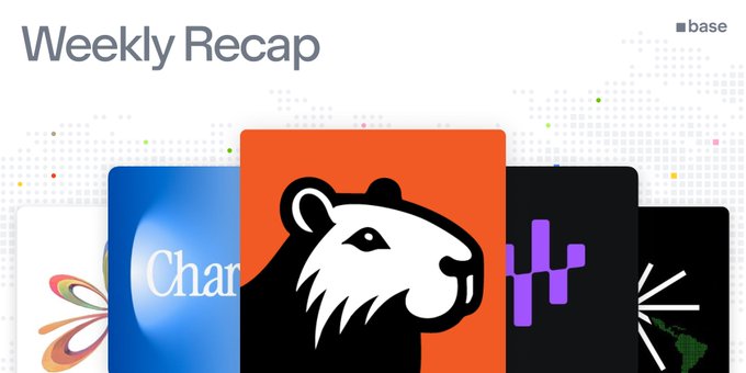 A 'Weekly Recap' graphic from base featuring various app icons and NFT artwork, including a prominent gorilla face logo.