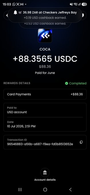 A mobile app screenshot from COCA showing a successful transaction of +88.3565 USDC ($88.36) paid for June, with rewards details including a card payment to a USD account on 10 Jul 2026, 2:51 PM, and a transaction ID.