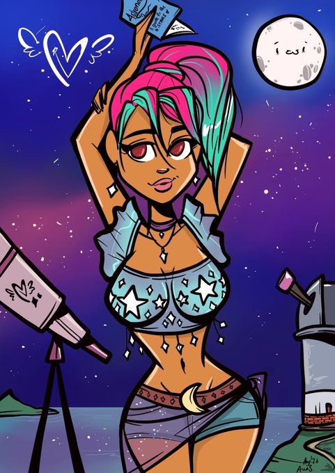 A colorful cartoon-style digital illustration of a character with pink and teal hair wearing a star-patterned crop top and shorts, posing under a starry night sky with a moon, telescope, and observatory.