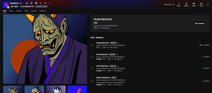 A dark-themed dashboard for 'kredoos' displaying a team schedule with cartoon monster avatars and entries for 'TEAM KREDOOS', 'GTD KREDOOS', 'FCFS KREDOOS', and 'PUBLIC KREDOOS'.