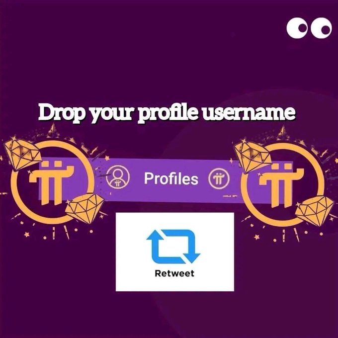 A promotional graphic with a purple background features "Drop your profile username" text, Pi Network diamond logos, a Profiles search bar, and a Retweet button, encouraging users to share their $Pi username for a chance to win 1 Mec (priced at $8.90) through the provided i.mec.me link.