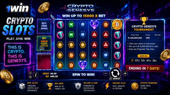A promotional image for "1win CRYPTO SLOTS - Crypto Genesys Tournament" advertising up to 15,000x bet wins, with a slot machine showing various crypto symbols.